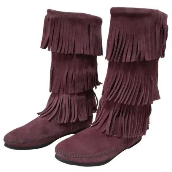 Minnetonka Suede 3-Layer Fringe Moccasin Boot Burgundy 7 - Picture 1 of 4